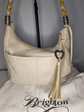 Brighton Ivory Leather Barbados Hobo Bag with Multicolor Braided Strap